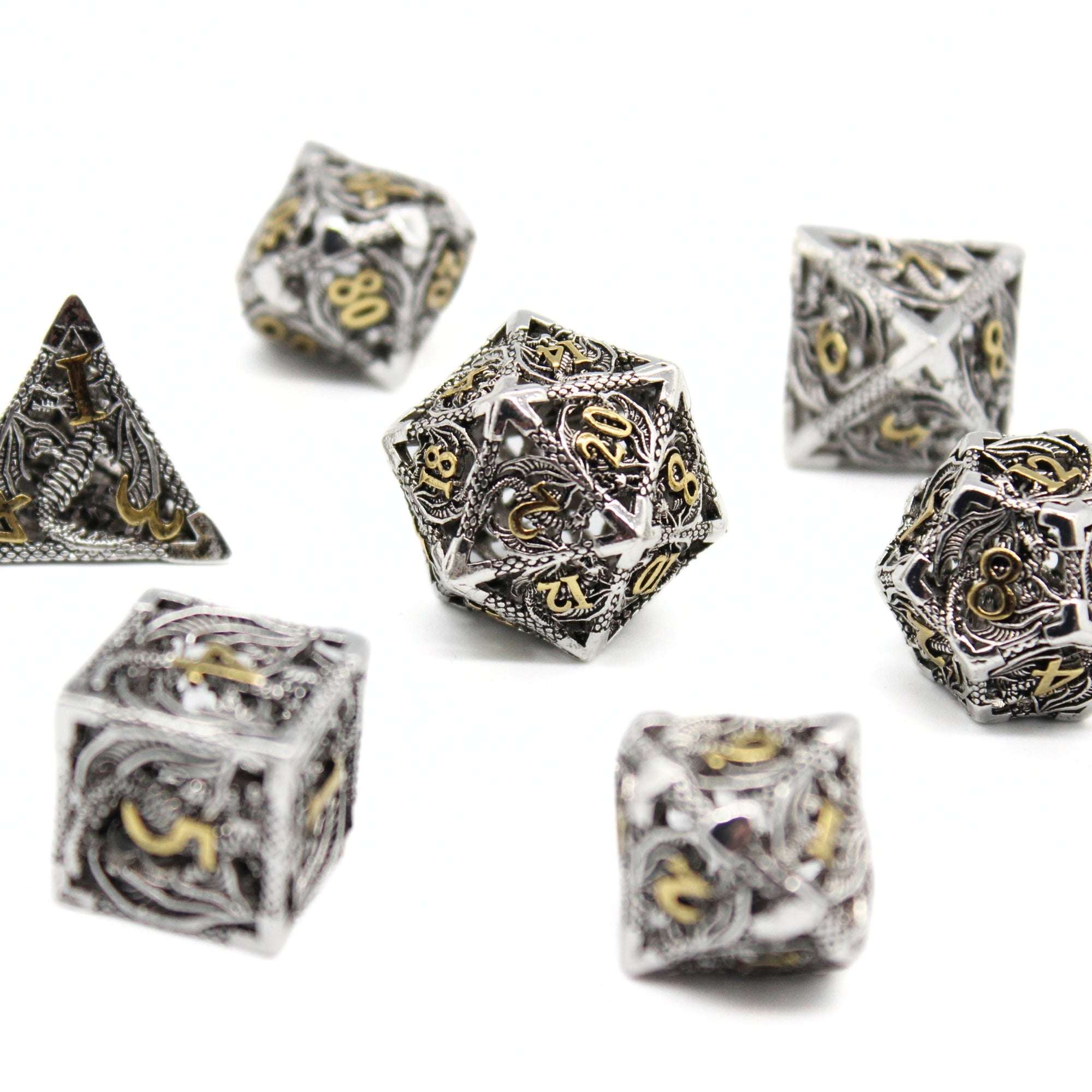 Silver Dragon Hollow Metal Dice (7pcs Set)