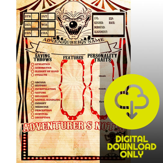 Haunted Circus TTRPG Character Sheet (DIGITAL DOWNLOAD)