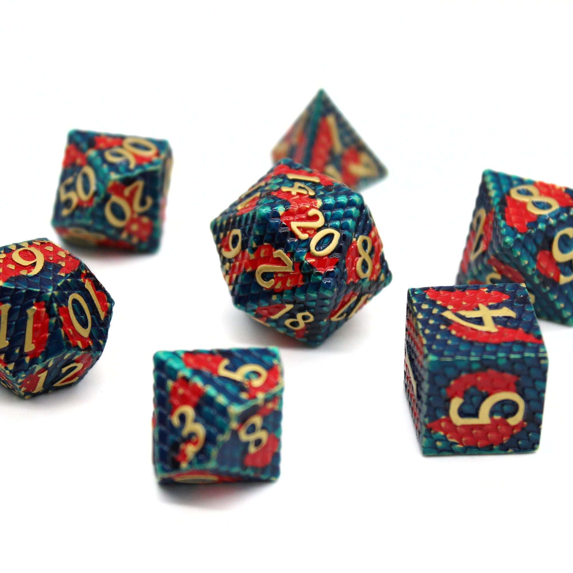 Red and Blue Dragon Scale Metal Dice (7pcs Set)