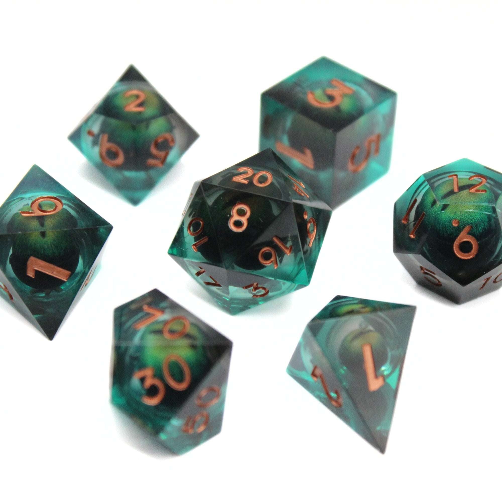 Black and Green Dragon Eye Liquid Core 7pcs Dice Set | Sharp Edge Dice