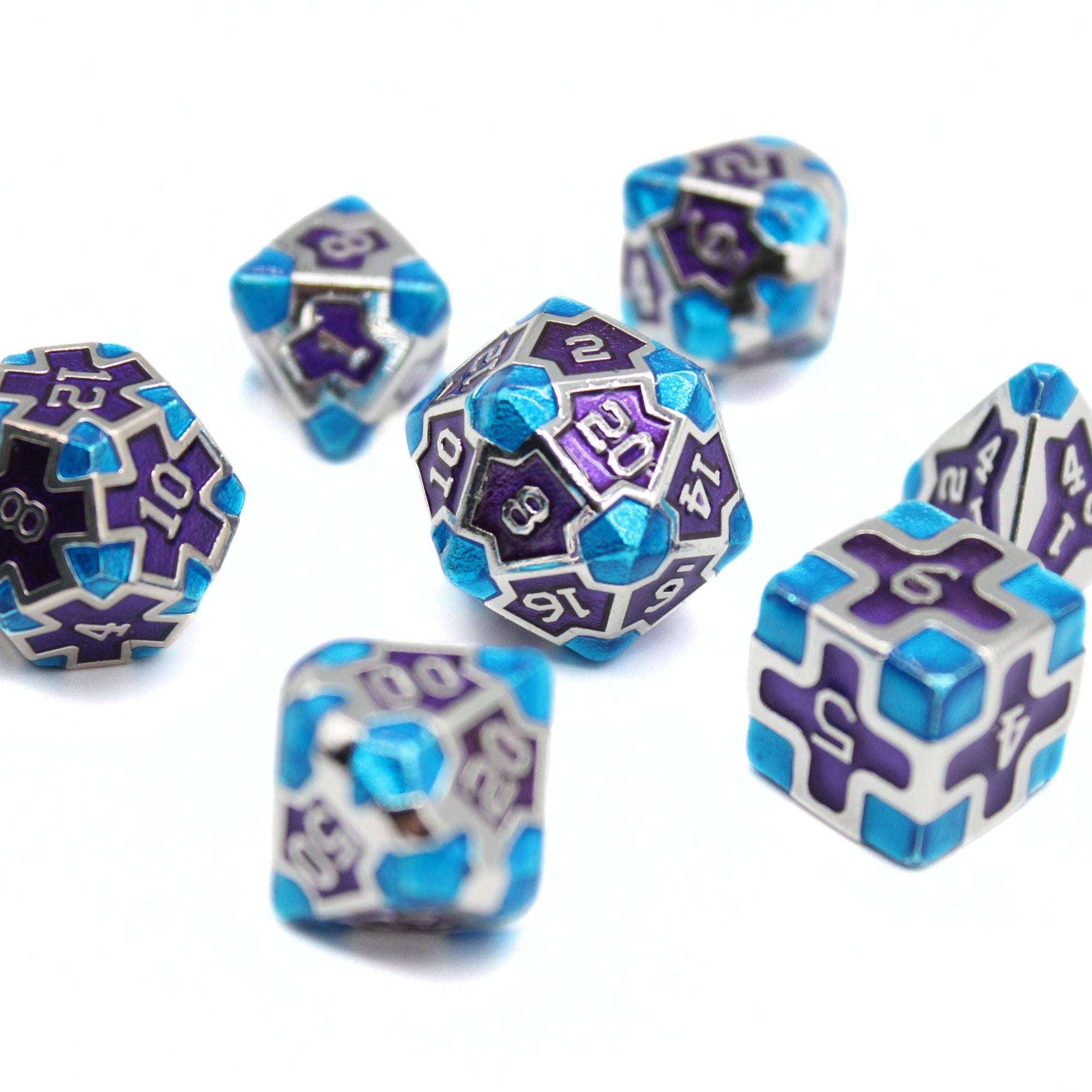 Purple and Blue Cross Metal Dice (7pcs Set)