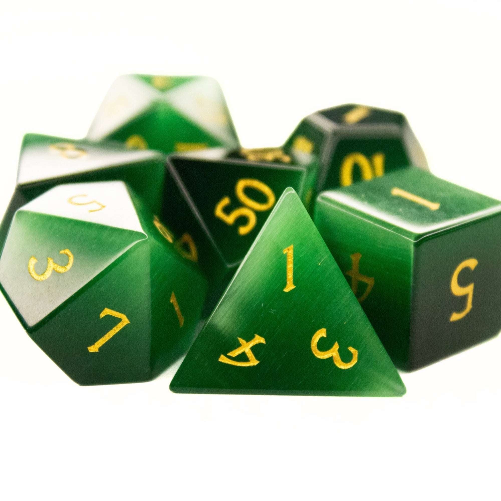 Emerald Green Cat's Eye | Synthetic Gemstone Dice (7pc Set)