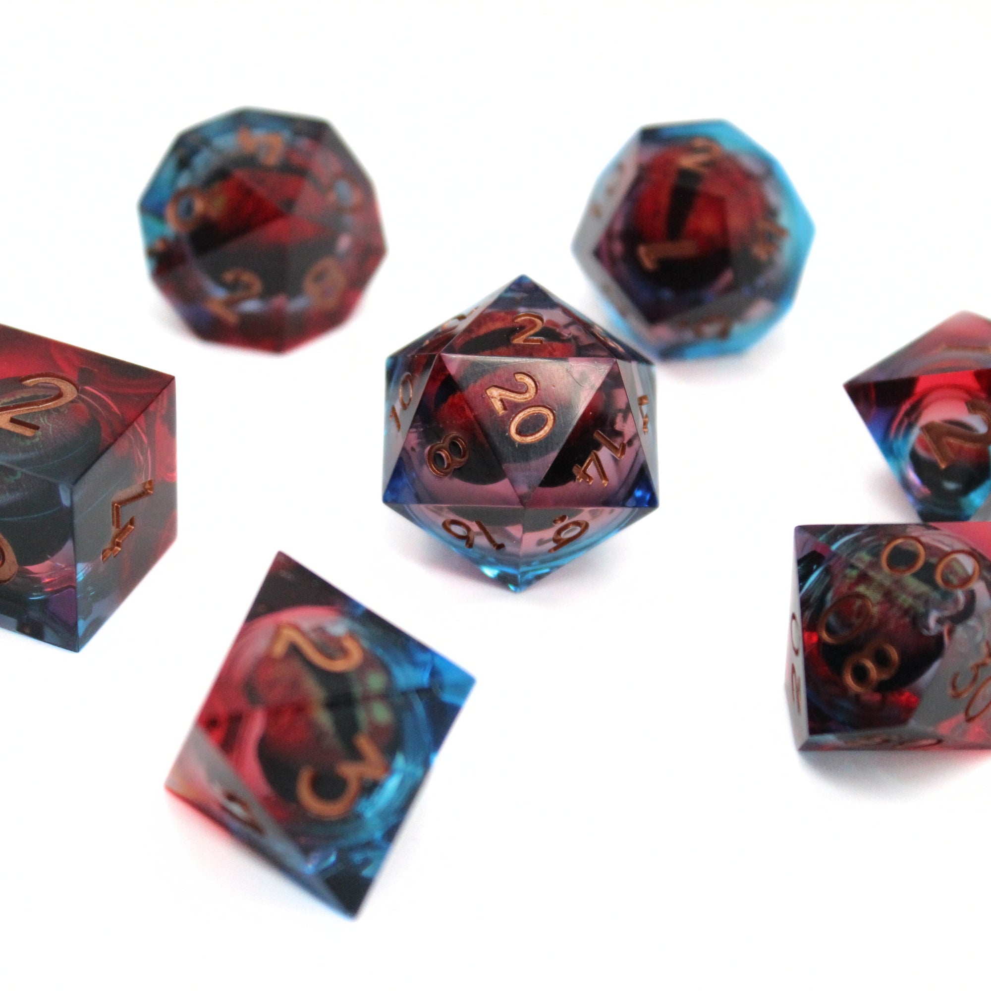 Blue and Red Dragon Eye Liquid Core 7pcs Dice Set | Sharp Edge Dice