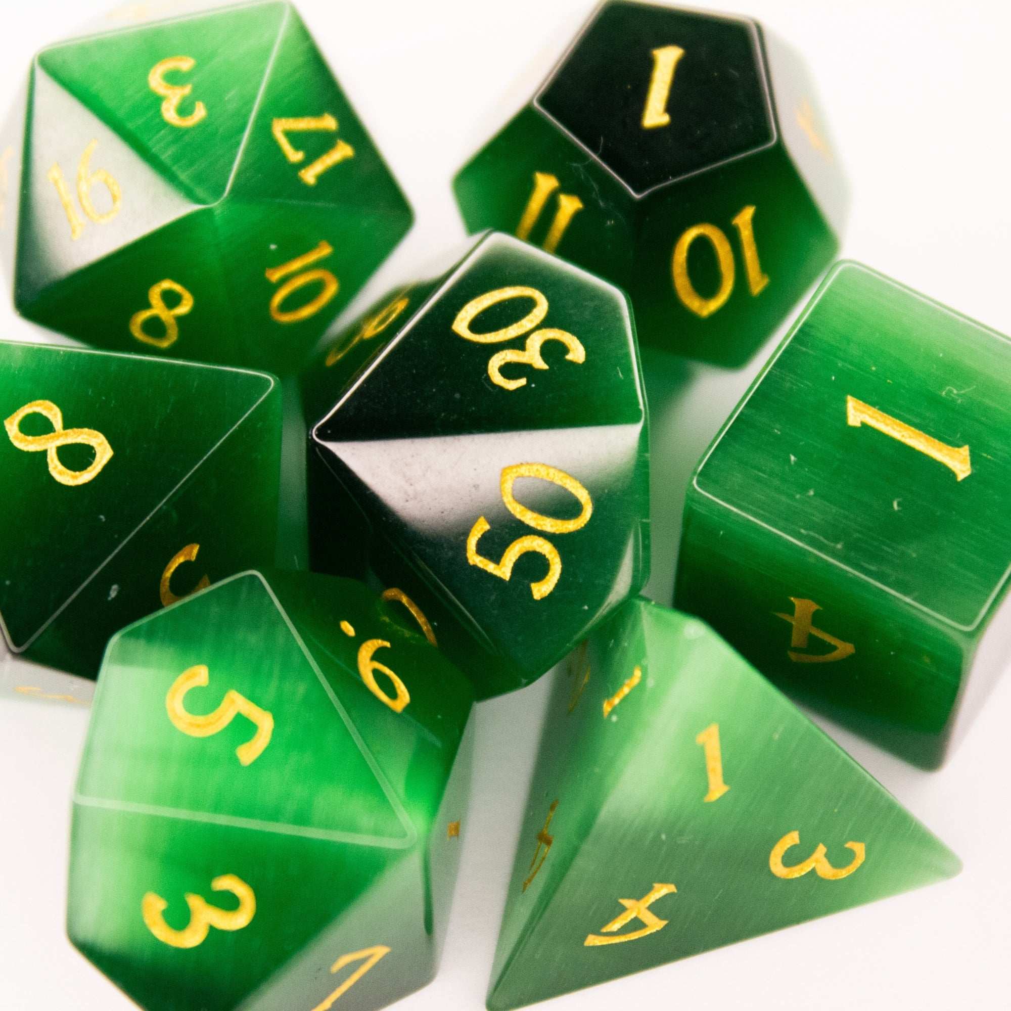 Emerald Green Cat's Eye | Synthetic Gemstone Dice (7pc Set)