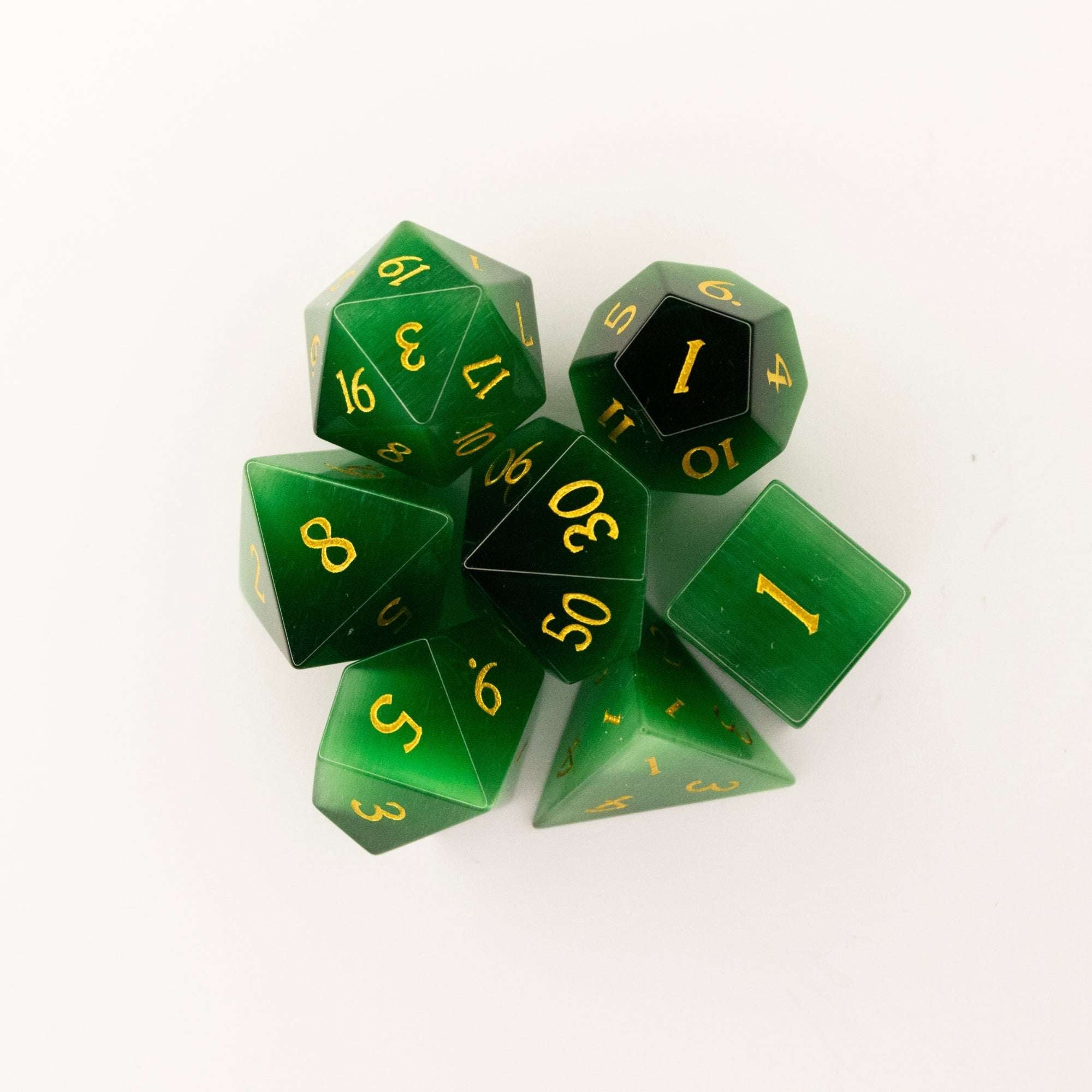 Emerald Green Cat's Eye | Synthetic Gemstone Dice (7pc Set)