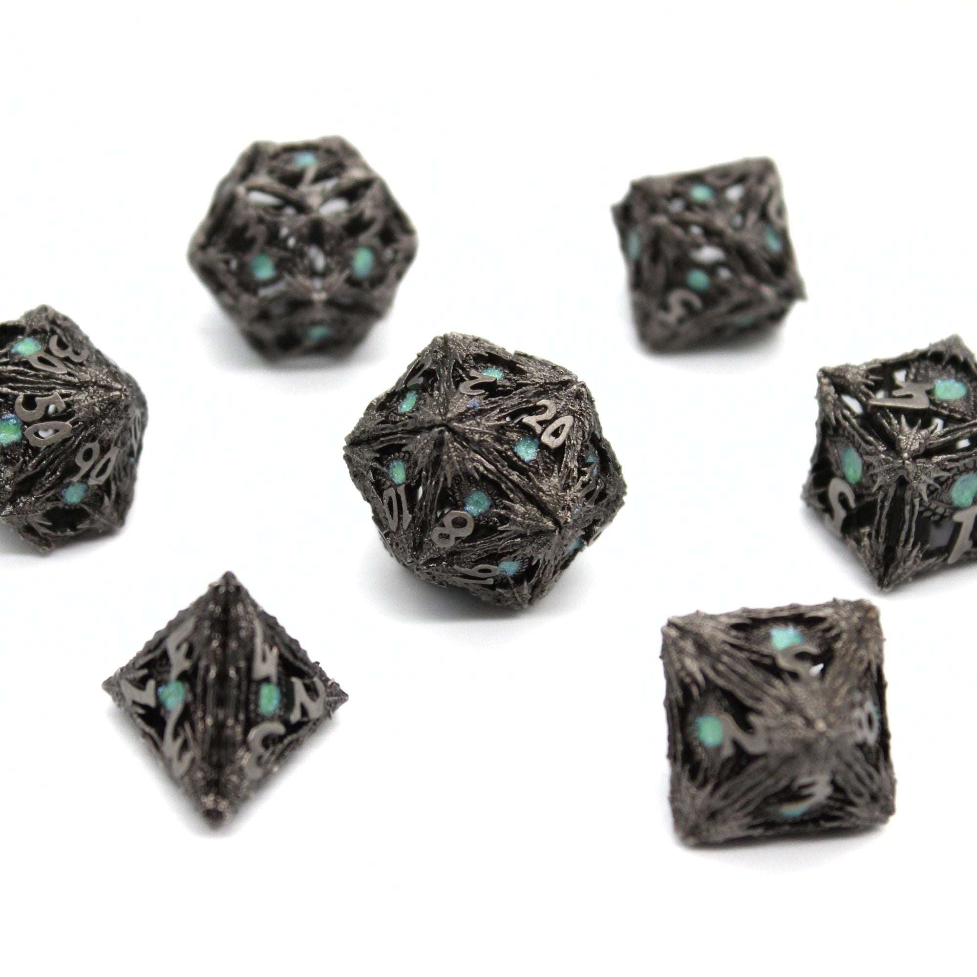 Green Dragon Eye Hollow Metal Dice (7pcs Set)