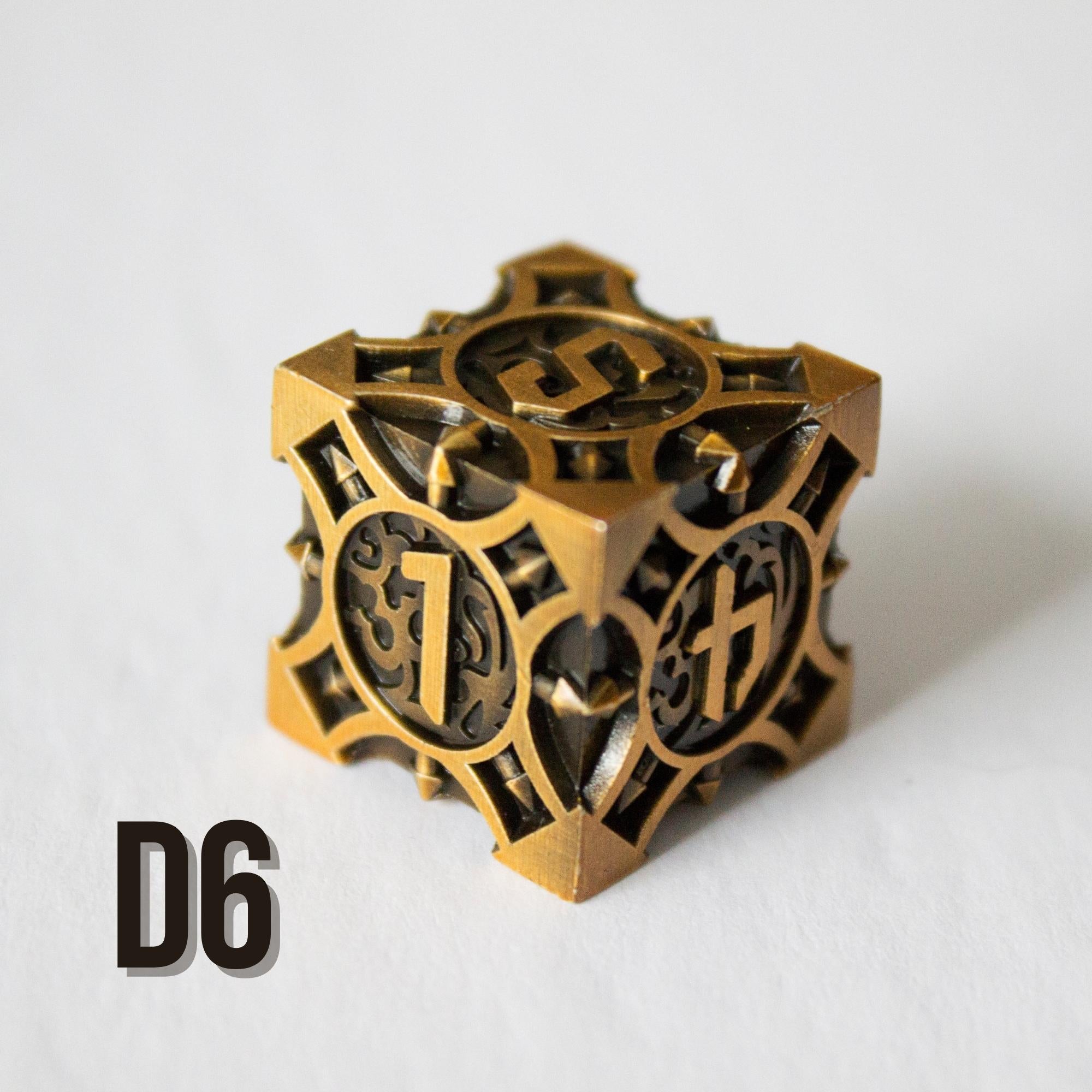 Black and Brass Zinc Alloy Metal Dice (7pc Set) D6