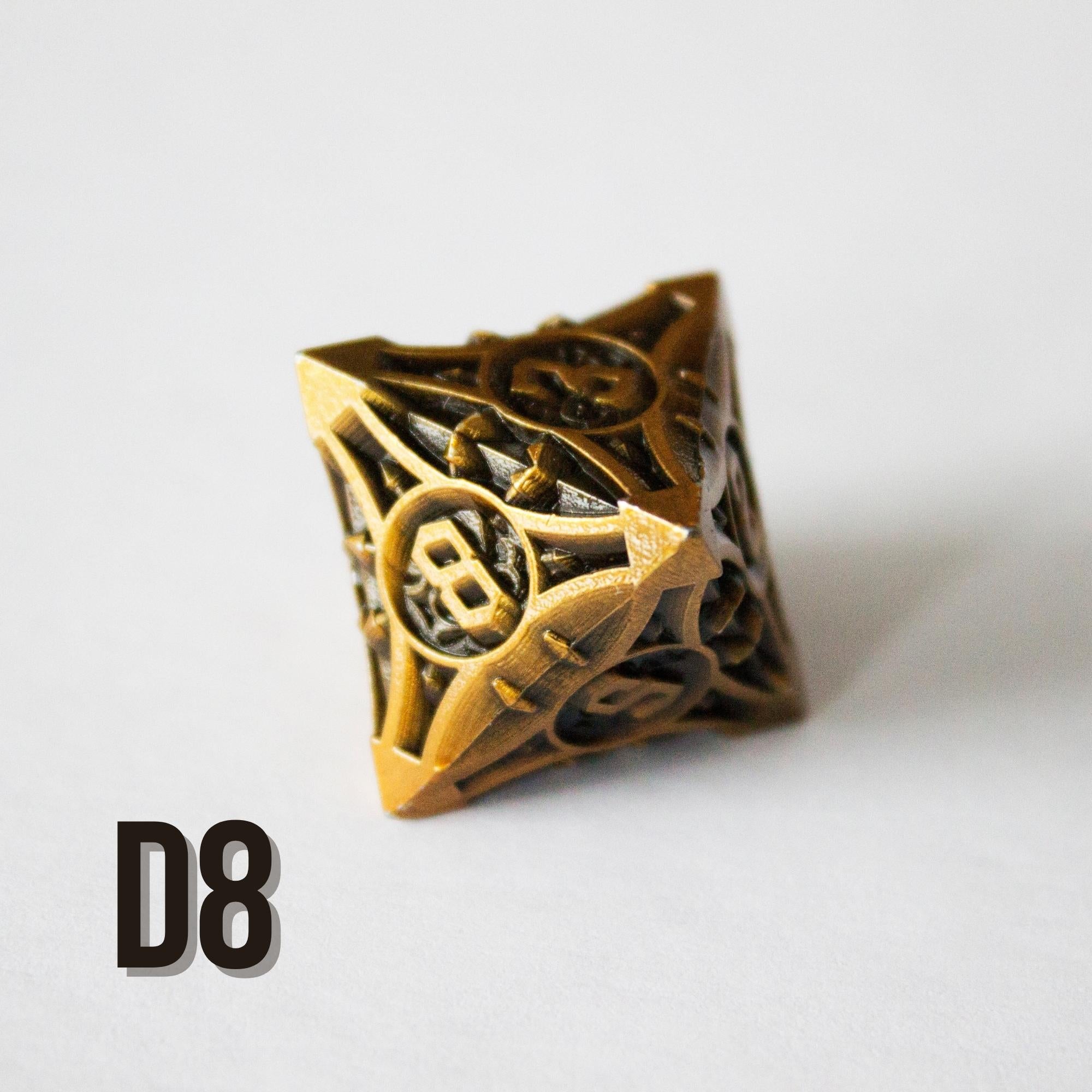 Black and Brass Zinc Alloy Metal Dice (7pc Set) D8