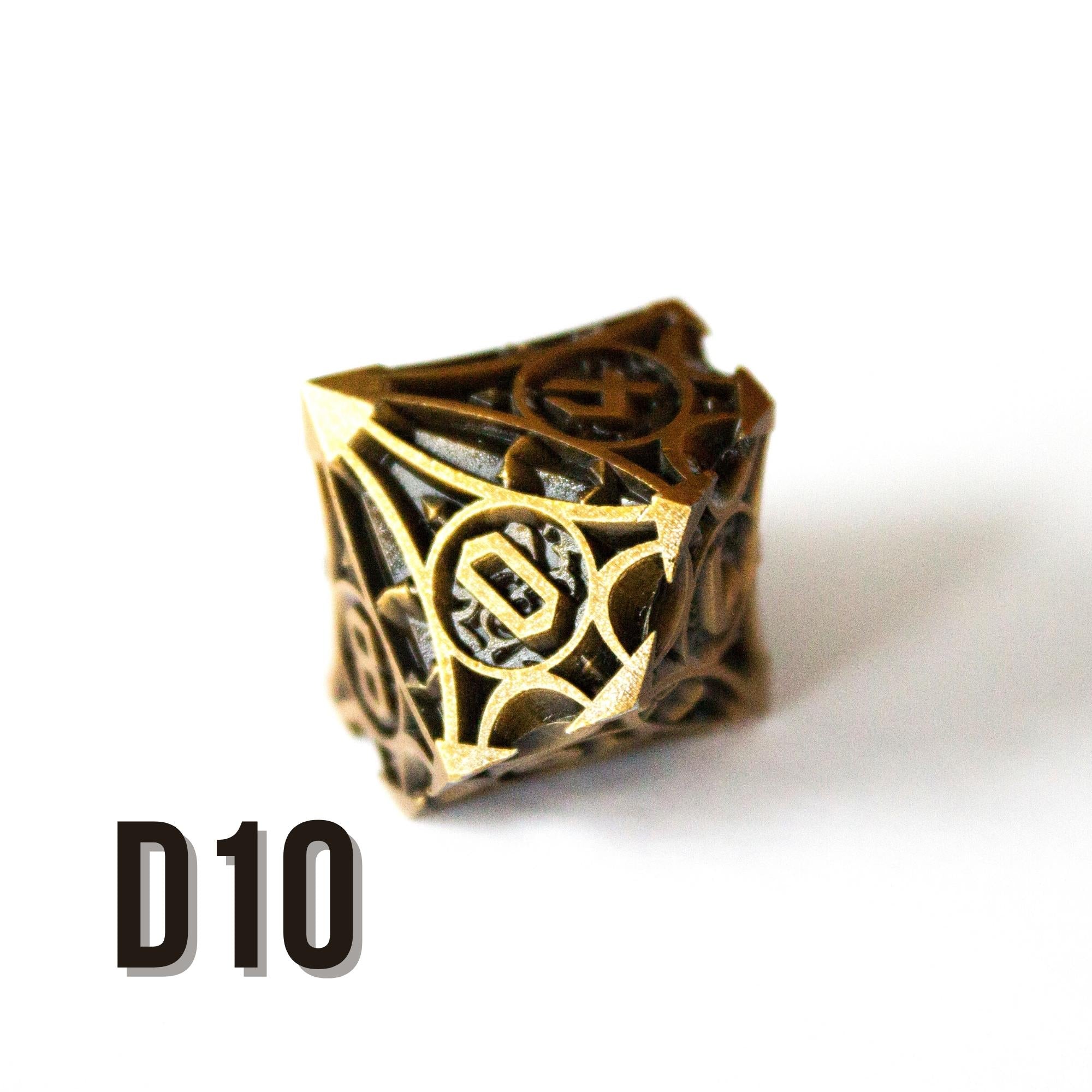 Black and Brass Zinc Alloy Metal Dice (7pc Set) D10