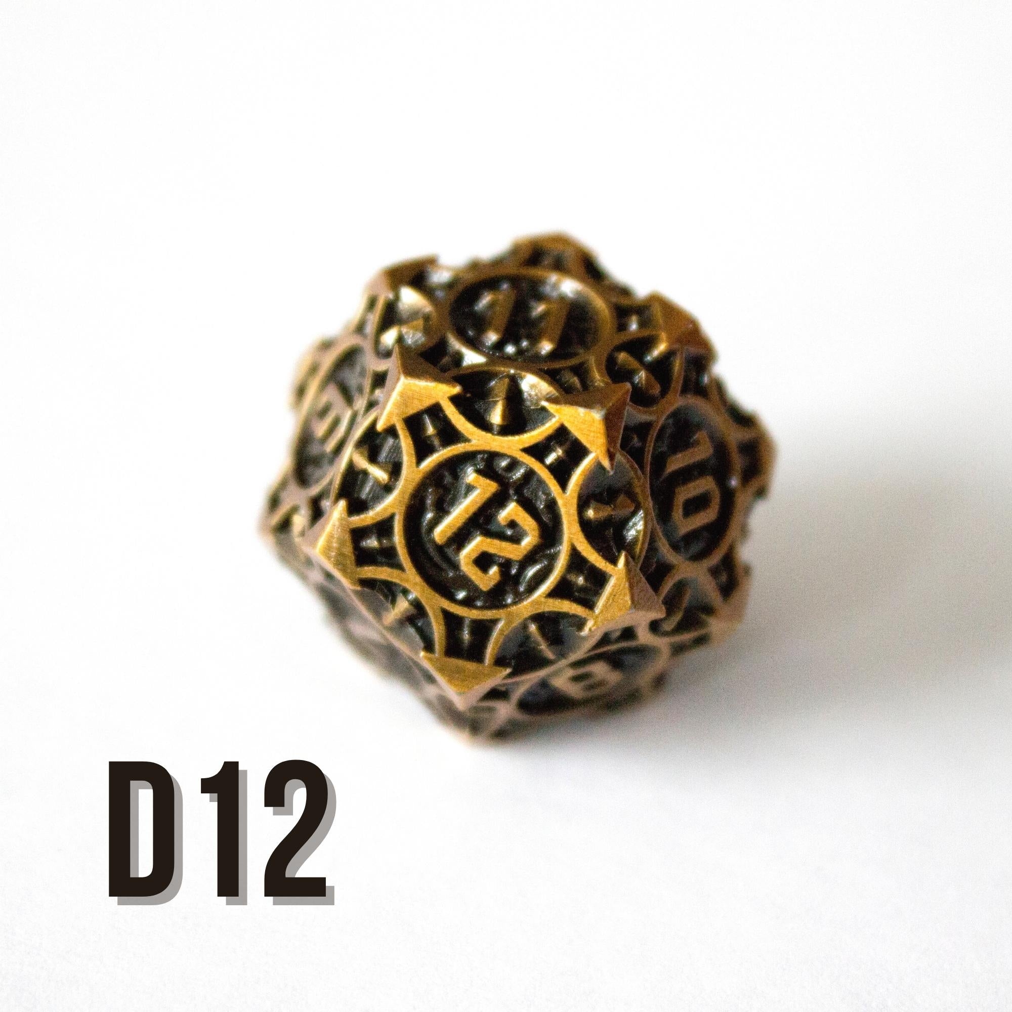 Black and Brass Zinc Alloy Metal Dice (7pc Set) D12