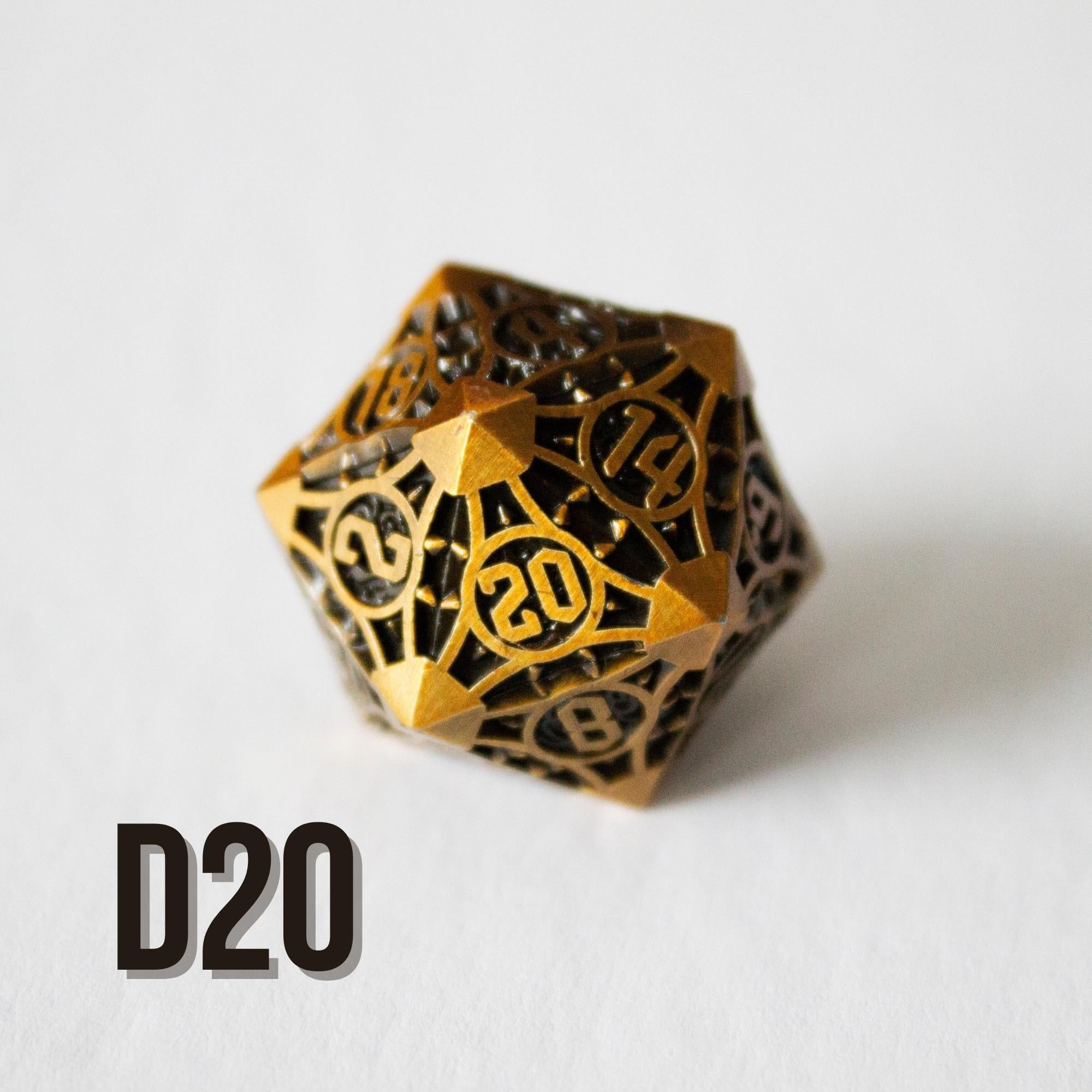 Black and Brass Zinc Alloy Metal Dice (7pc Set) D20